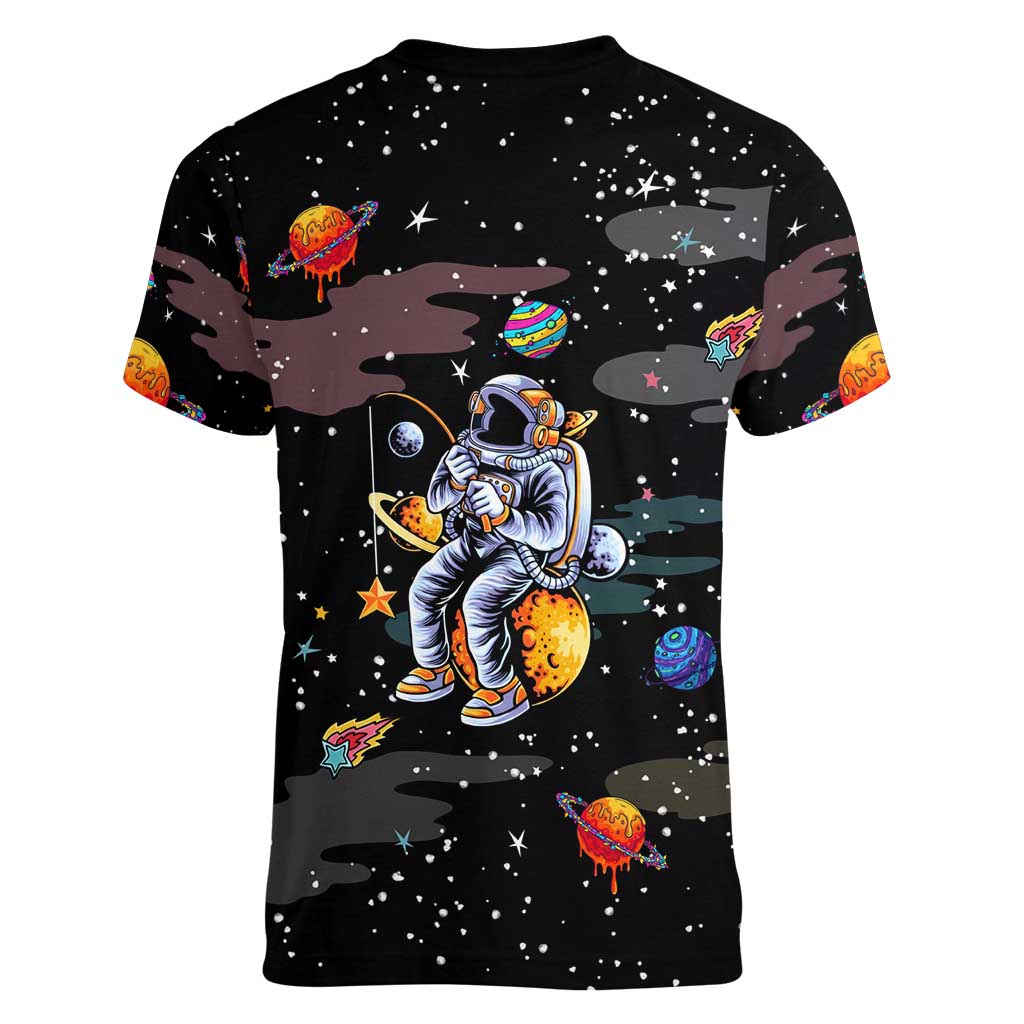 Funny Astronaut Fishing In Space Christmas Women V-Neck T-Shirt Xmas Holiday Patterns - Wonder Print Shop