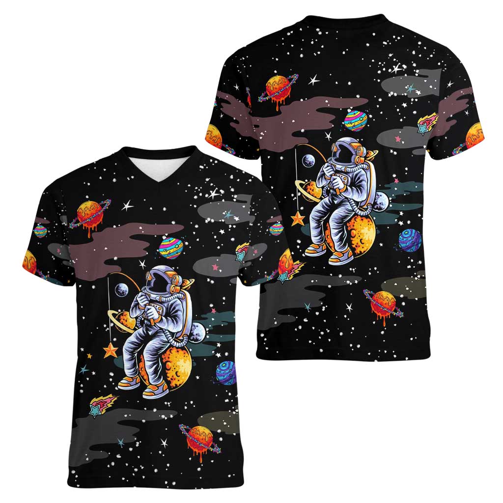 Funny Astronaut Fishing In Space Christmas Women V-Neck T-Shirt Xmas Holiday Patterns - Wonder Print Shop