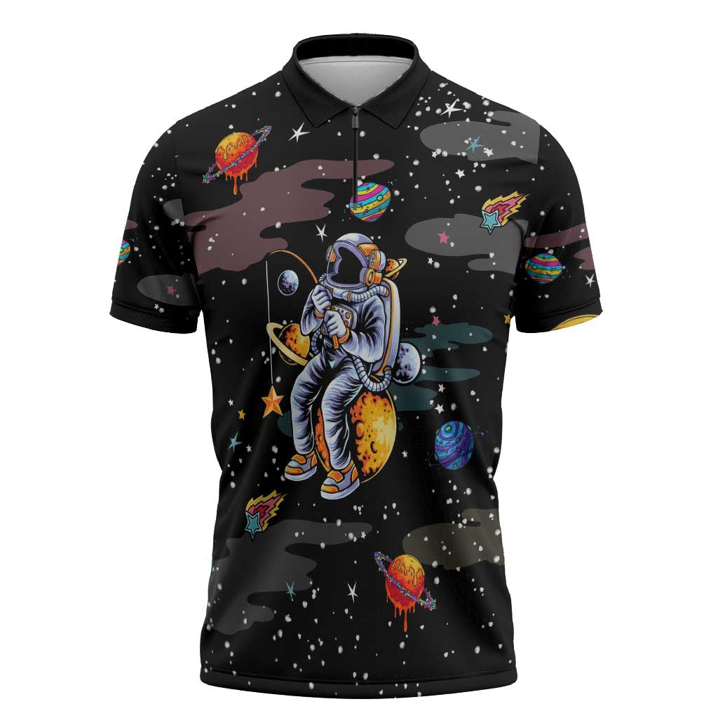 Funny Astronaut Fishing In Space Christmas Zipper Polo Shirt Xmas Holiday Patterns - Wonder Print Shop