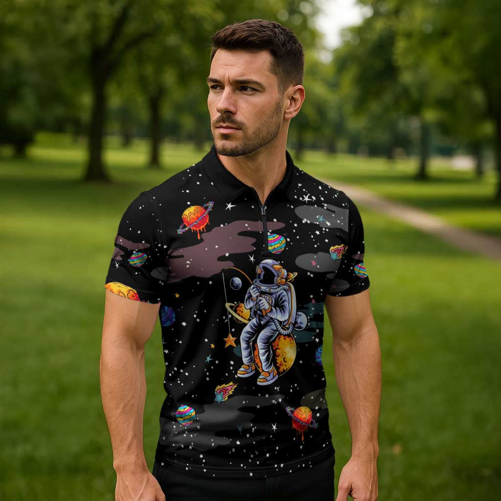 Funny Astronaut Fishing In Space Christmas Zipper Polo Shirt Xmas Holiday Patterns - Wonder Print Shop