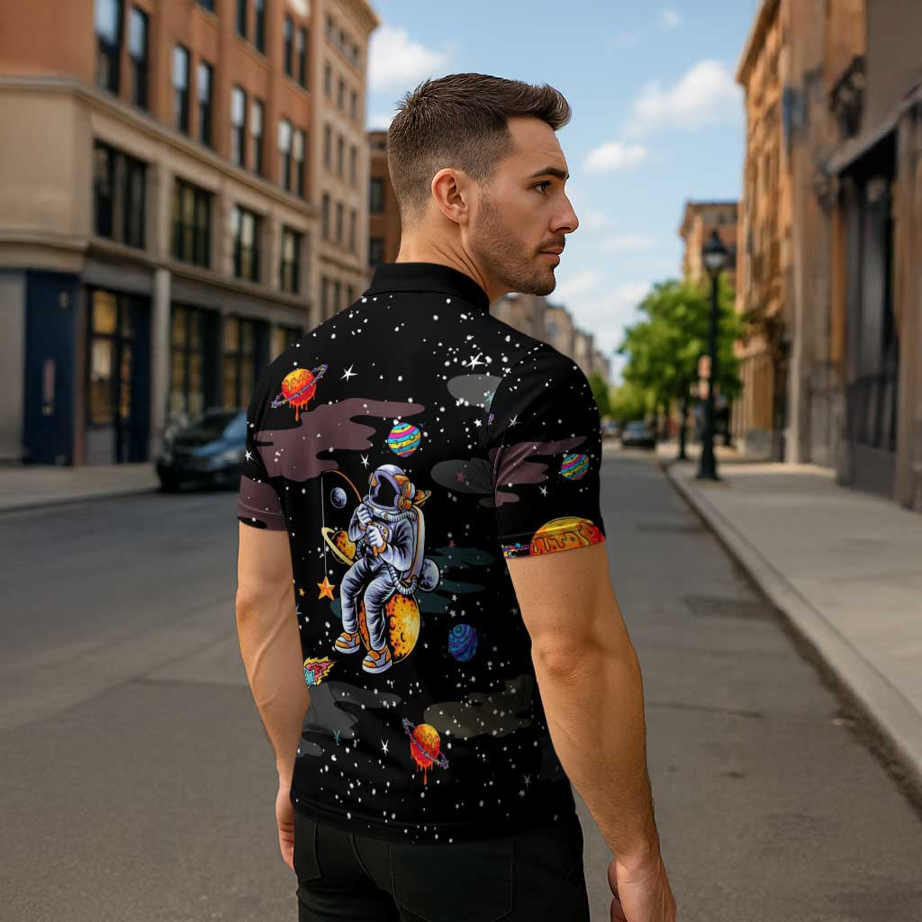 Funny Astronaut Fishing In Space Christmas Zipper Polo Shirt Xmas Holiday Patterns - Wonder Print Shop