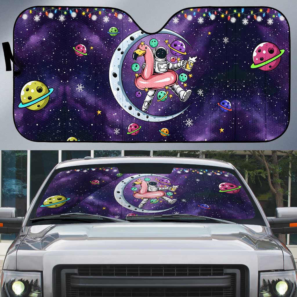 Funny Astronauts Sit On Flamingo Christmas Auto Sun Shade Xmas Holiday Patterns - Wonder Print Shop