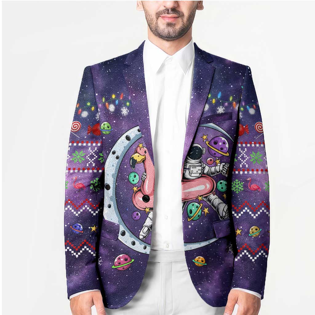 Funny Astronauts Sit On Flamingo Christmas Blazer Xmas Holiday Patterns - Wonder Print Shop