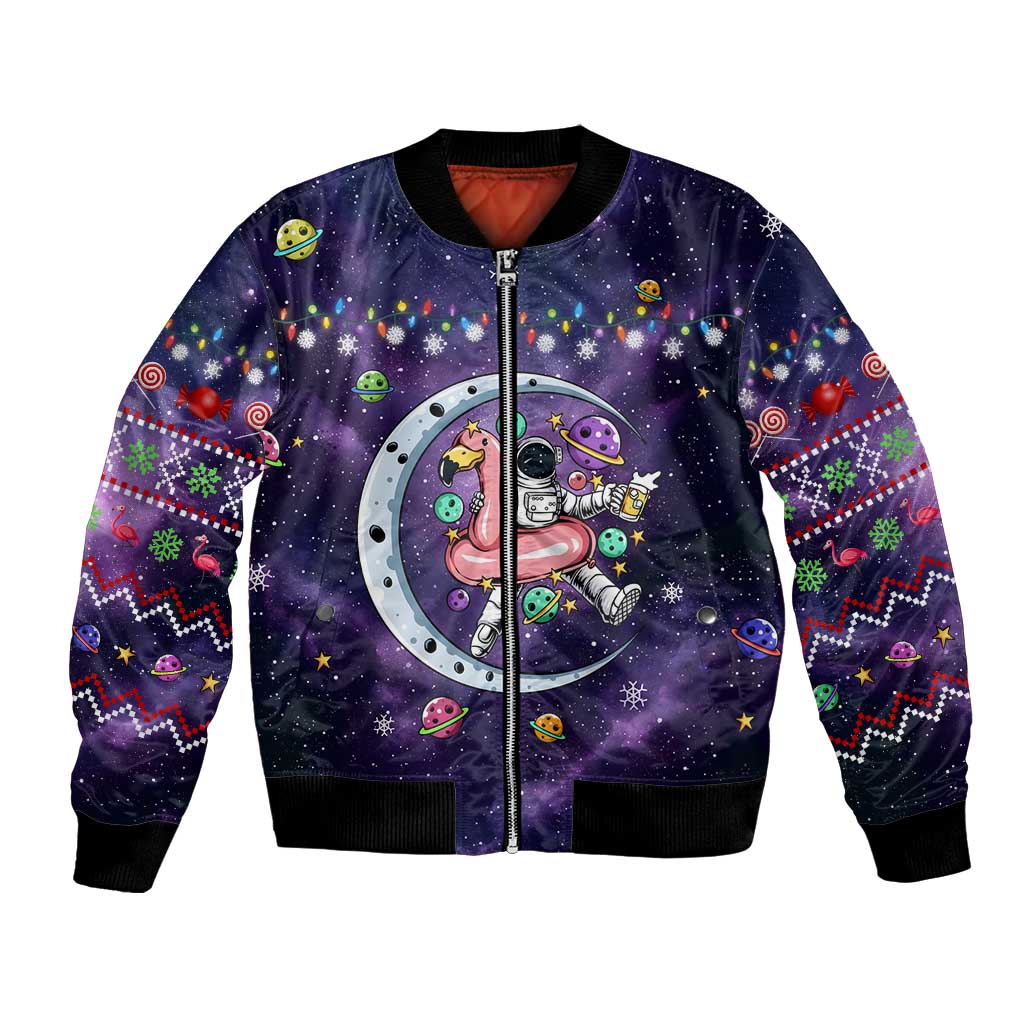 Funny Astronauts Sit On Flamingo Christmas Bomber Jacket Xmas Holiday Patterns - Wonder Print Shop