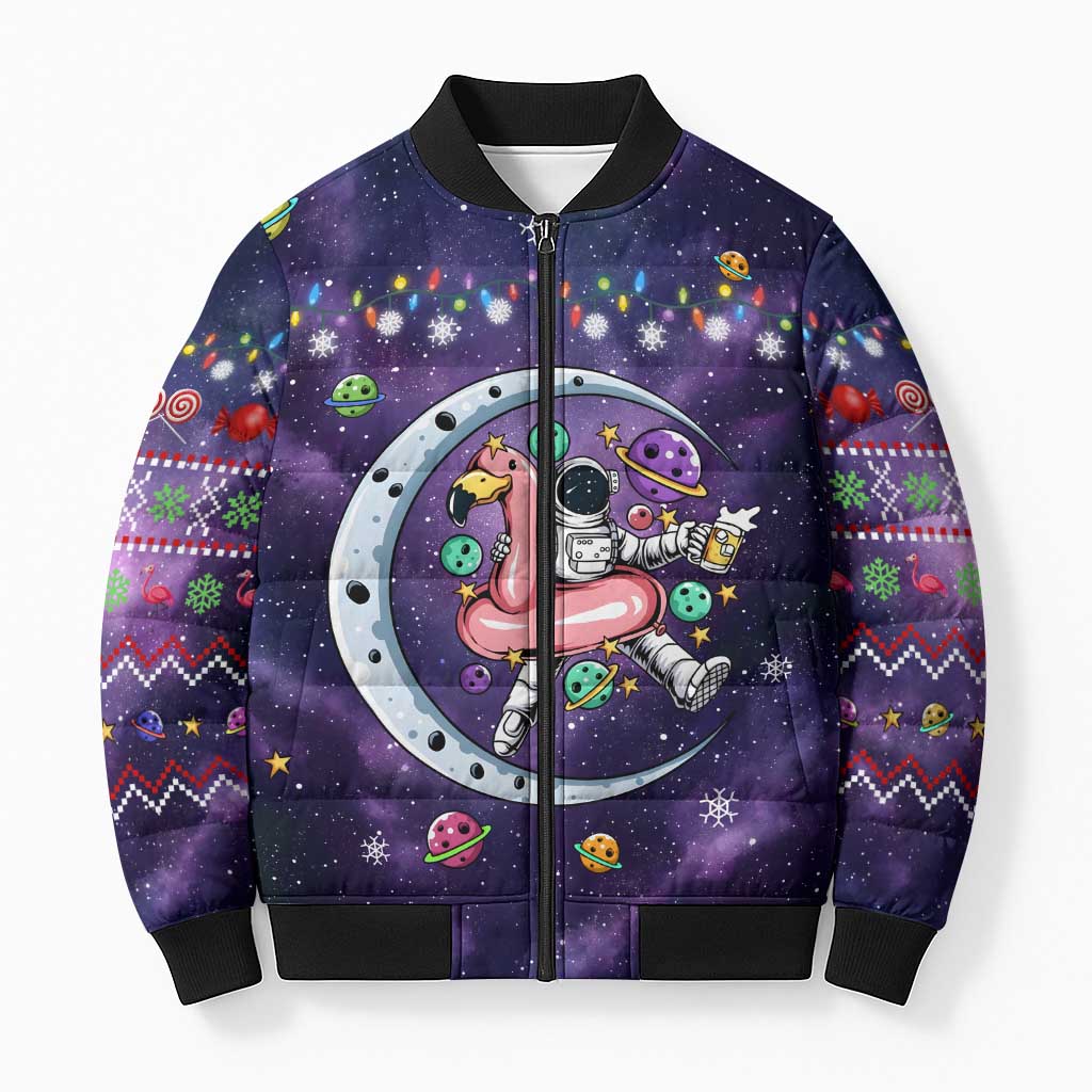 Funny Astronauts Sit On Flamingo Christmas Bomber Puffer Jacket Xmas Holiday Patterns - Wonder Print Shop