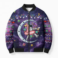 Funny Astronauts Sit On Flamingo Christmas Bomber Puffer Jacket Xmas Holiday Patterns - Wonder Print Shop