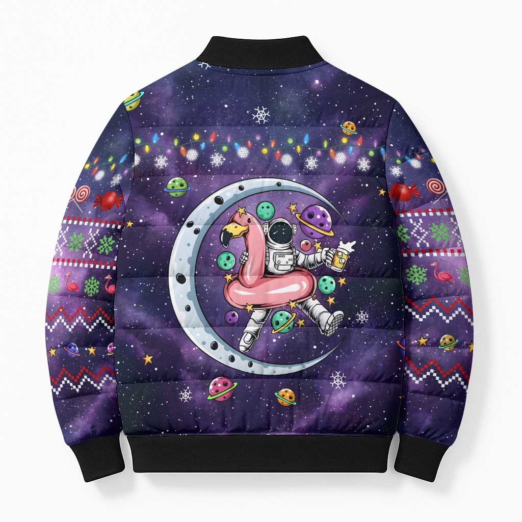 Funny Astronauts Sit On Flamingo Christmas Bomber Puffer Jacket Xmas Holiday Patterns - Wonder Print Shop