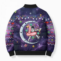 Funny Astronauts Sit On Flamingo Christmas Bomber Puffer Jacket Xmas Holiday Patterns - Wonder Print Shop