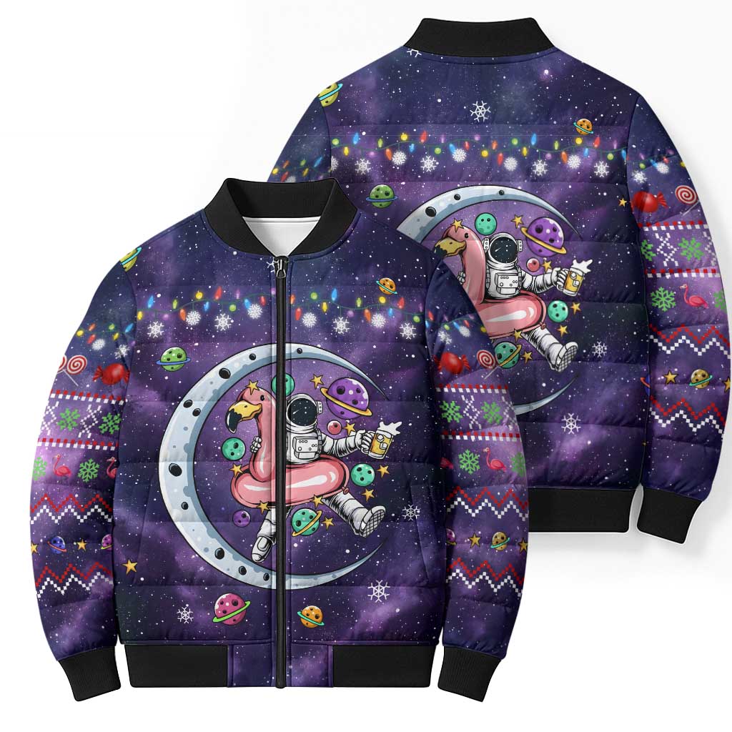 Funny Astronauts Sit On Flamingo Christmas Bomber Puffer Jacket Xmas Holiday Patterns - Wonder Print Shop