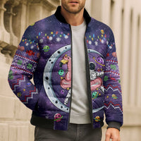Funny Astronauts Sit On Flamingo Christmas Bomber Puffer Jacket Xmas Holiday Patterns - Wonder Print Shop