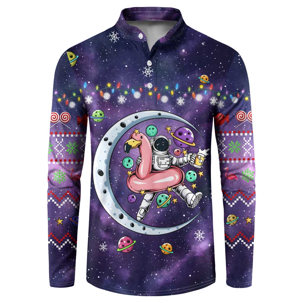Funny Astronauts Sit On Flamingo Christmas Button Sweatshirt Xmas Holiday Patterns - Wonder Print Shop