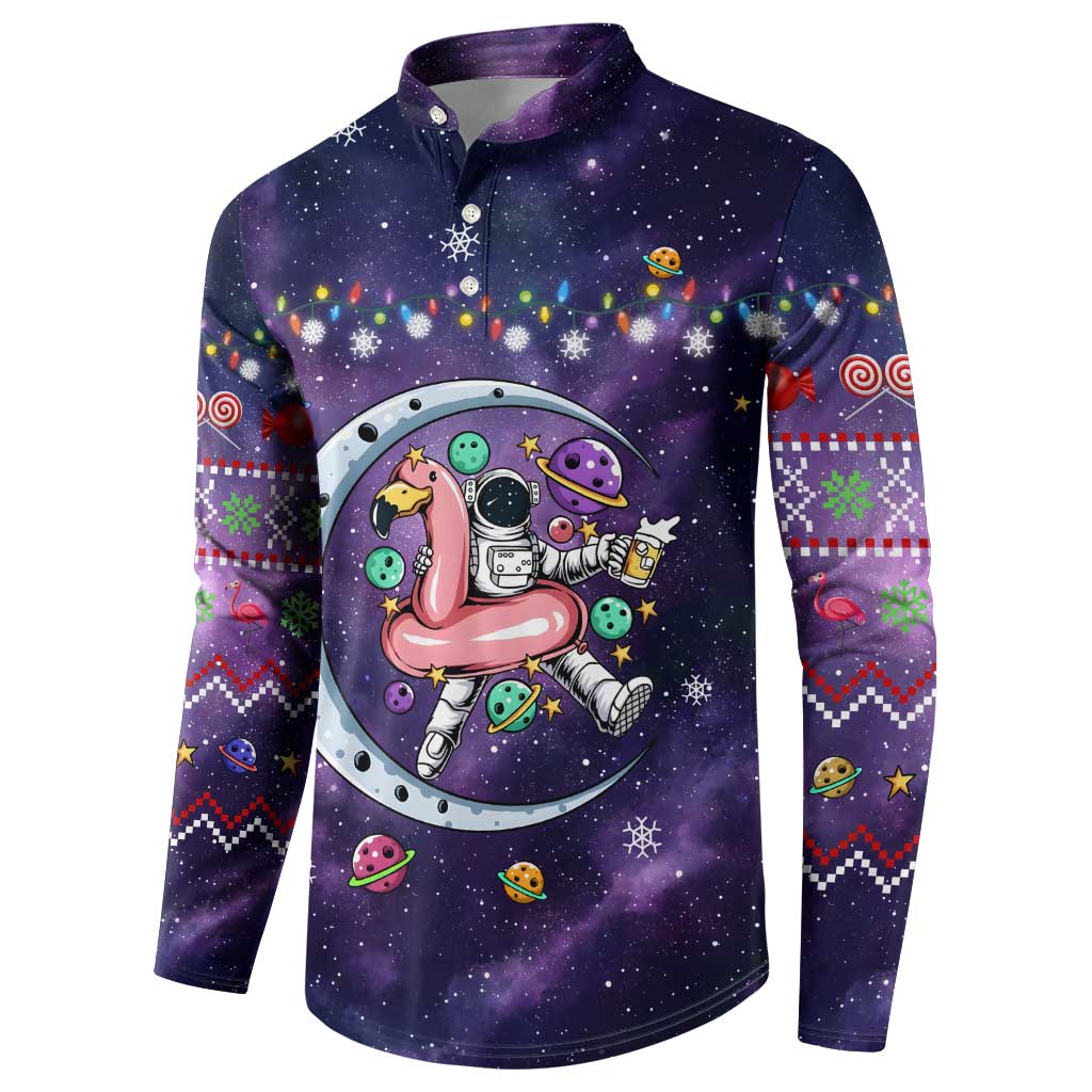 Funny Astronauts Sit On Flamingo Christmas Button Sweatshirt Xmas Holiday Patterns - Wonder Print Shop