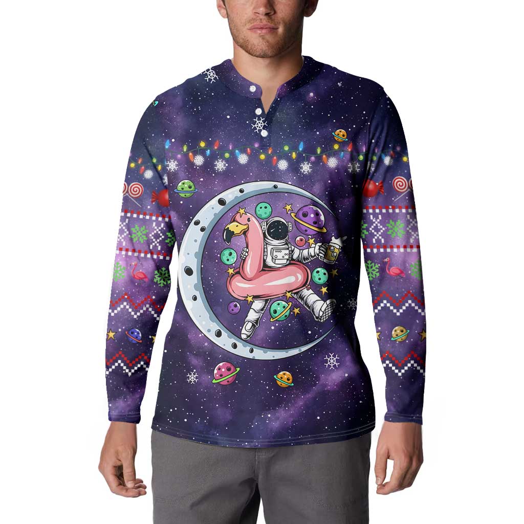 Funny Astronauts Sit On Flamingo Christmas Button Sweatshirt Xmas Holiday Patterns - Wonder Print Shop