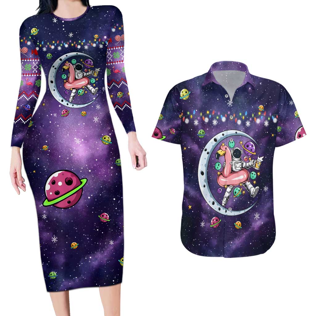 Funny Astronauts Sit On Flamingo Christmas Couples Matching Long Sleeve Bodycon Dress and Hawaiian Shirt Xmas Holiday Patterns - Wonder Print Shop