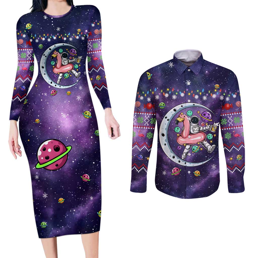 Funny Astronauts Sit On Flamingo Christmas Couples Matching Long Sleeve Bodycon Dress and Long Sleeve Button Shirt Xmas Holiday Patterns - Wonder Print Shop