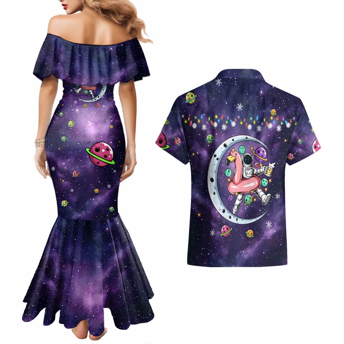 Funny Astronauts Sit On Flamingo Christmas Couples Matching Mermaid Dress and Hawaiian Shirt Xmas Holiday Patterns - Wonder Print Shop