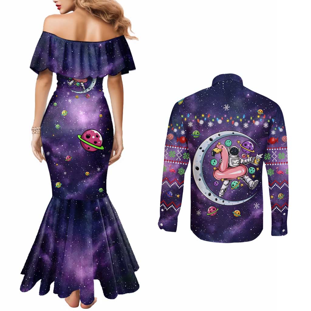 Funny Astronauts Sit On Flamingo Christmas Couples Matching Mermaid Dress and Long Sleeve Button Shirt Xmas Holiday Patterns - Wonder Print Shop