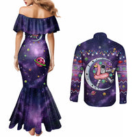 Funny Astronauts Sit On Flamingo Christmas Couples Matching Mermaid Dress and Long Sleeve Button Shirt Xmas Holiday Patterns - Wonder Print Shop