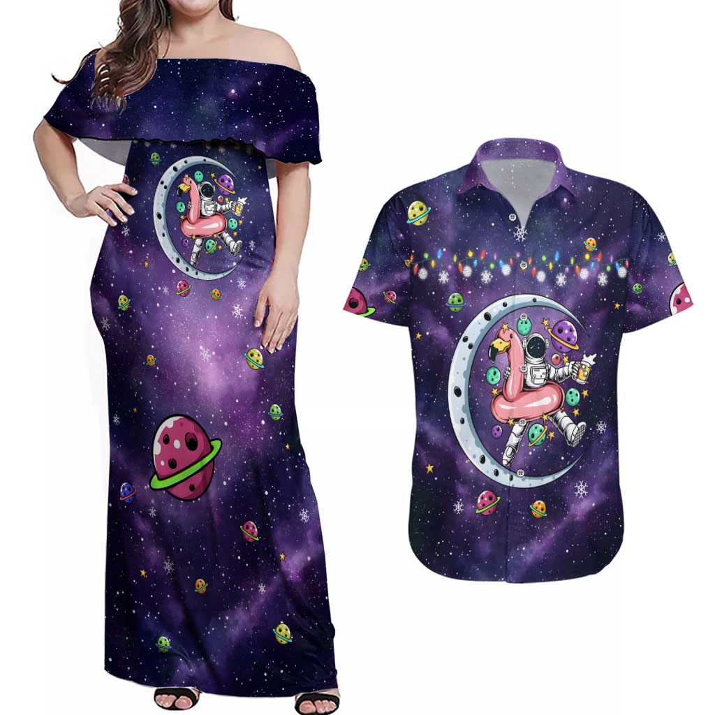 Funny Astronauts Sit On Flamingo Christmas Couples Matching Off Shoulder Maxi Dress and Hawaiian Shirt Xmas Holiday Patterns - Wonder Print Shop