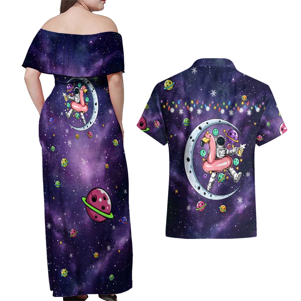 Funny Astronauts Sit On Flamingo Christmas Couples Matching Off Shoulder Maxi Dress and Hawaiian Shirt Xmas Holiday Patterns - Wonder Print Shop