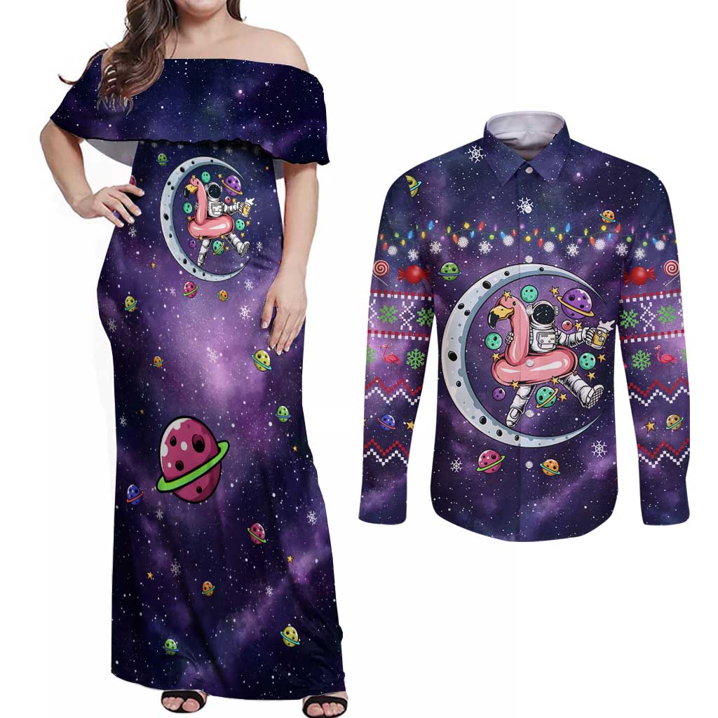 Funny Astronauts Sit On Flamingo Christmas Couples Matching Off Shoulder Maxi Dress and Long Sleeve Button Shirt Xmas Holiday Patterns - Wonder Print Shop