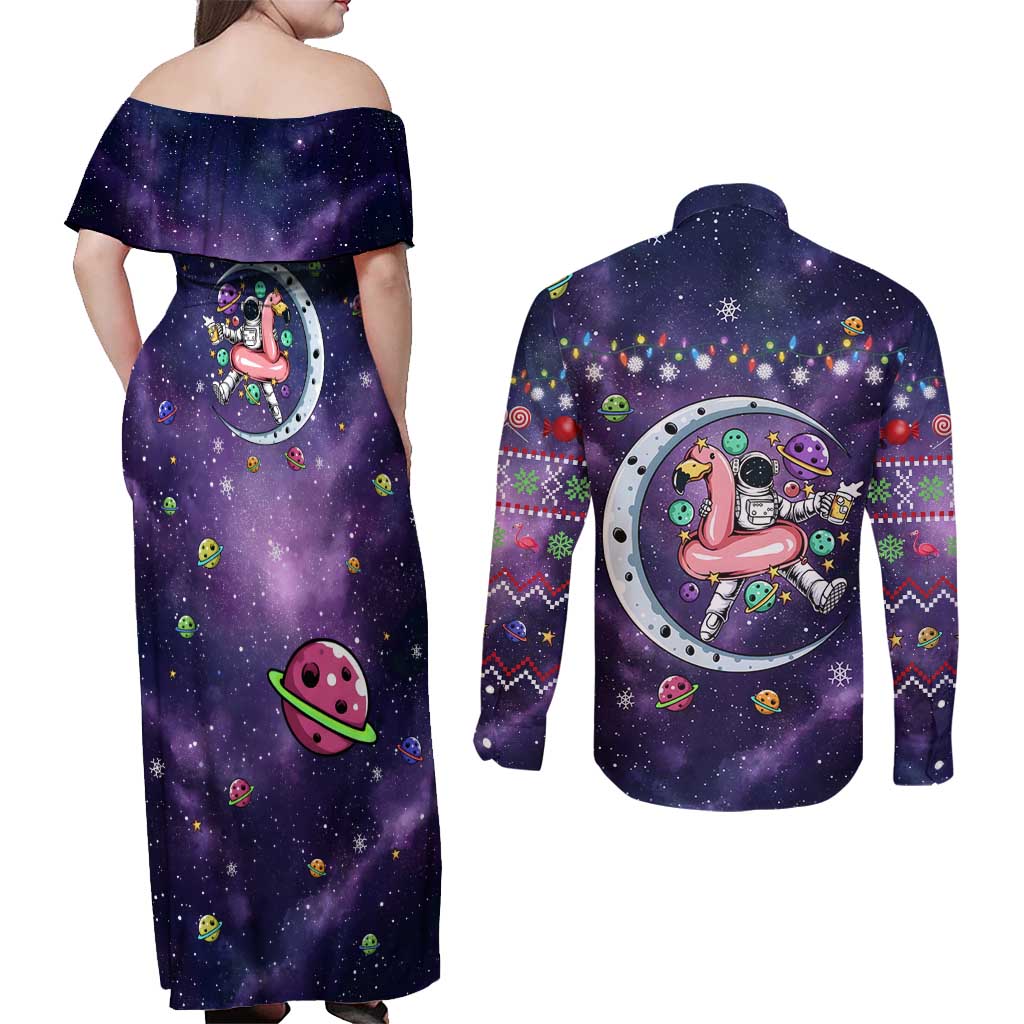Funny Astronauts Sit On Flamingo Christmas Couples Matching Off Shoulder Maxi Dress and Long Sleeve Button Shirt Xmas Holiday Patterns - Wonder Print Shop