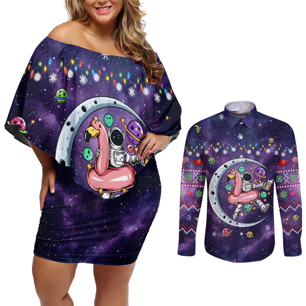Funny Astronauts Sit On Flamingo Christmas Couples Matching Off Shoulder Short Dress and Long Sleeve Button Shirt Xmas Holiday Patterns - Wonder Print Shop