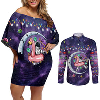 Funny Astronauts Sit On Flamingo Christmas Couples Matching Off Shoulder Short Dress and Long Sleeve Button Shirt Xmas Holiday Patterns - Wonder Print Shop