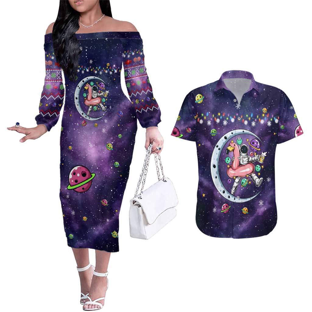 Funny Astronauts Sit On Flamingo Christmas Couples Matching Off The Shoulder Long Sleeve Dress and Hawaiian Shirt Xmas Holiday Patterns - Wonder Print Shop