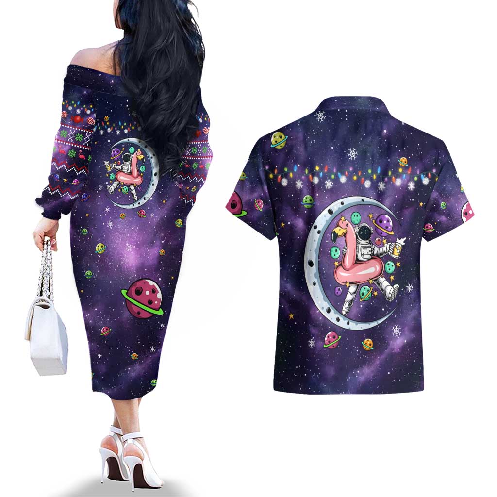 Funny Astronauts Sit On Flamingo Christmas Couples Matching Off The Shoulder Long Sleeve Dress and Hawaiian Shirt Xmas Holiday Patterns - Wonder Print Shop