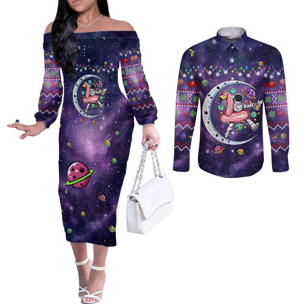 Funny Astronauts Sit On Flamingo Christmas Couples Matching Off The Shoulder Long Sleeve Dress and Long Sleeve Button Shirt Xmas Holiday Patterns - Wonder Print Shop