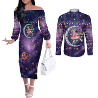 Funny Astronauts Sit On Flamingo Christmas Couples Matching Off The Shoulder Long Sleeve Dress and Long Sleeve Button Shirt Xmas Holiday Patterns - Wonder Print Shop