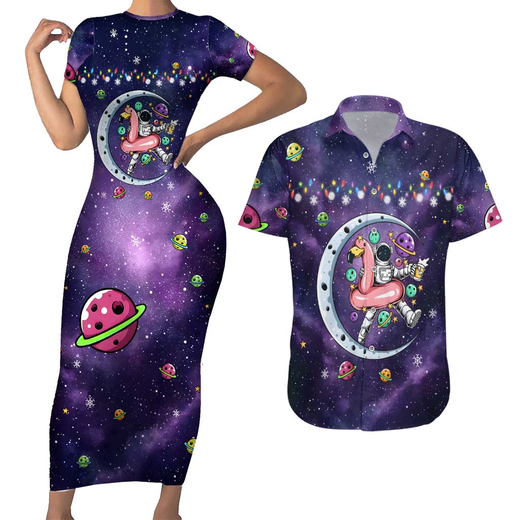 Funny Astronauts Sit On Flamingo Christmas Couples Matching Short Sleeve Bodycon Dress and Hawaiian Shirt Xmas Holiday Patterns - Wonder Print Shop