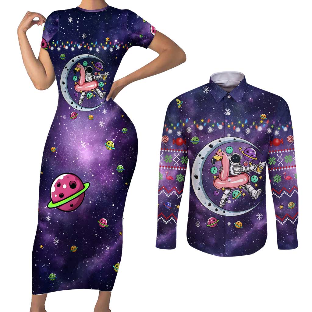 Funny Astronauts Sit On Flamingo Christmas Couples Matching Short Sleeve Bodycon Dress and Long Sleeve Button Shirt Xmas Holiday Patterns - Wonder Print Shop