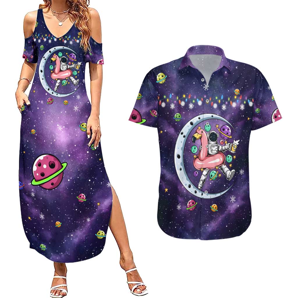 Funny Astronauts Sit On Flamingo Christmas Couples Matching Summer Maxi Dress and Hawaiian Shirt Xmas Holiday Patterns - Wonder Print Shop
