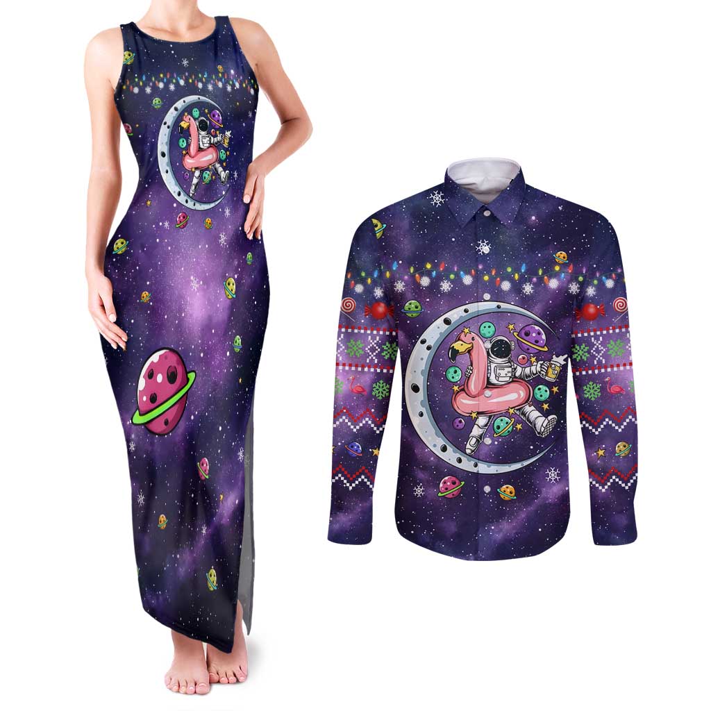 Funny Astronauts Sit On Flamingo Christmas Couples Matching Tank Maxi Dress and Long Sleeve Button Shirt Xmas Holiday Patterns - Wonder Print Shop
