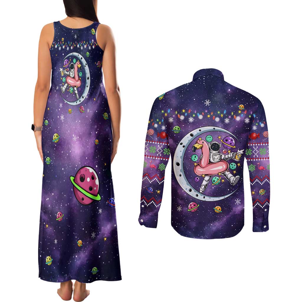 Funny Astronauts Sit On Flamingo Christmas Couples Matching Tank Maxi Dress and Long Sleeve Button Shirt Xmas Holiday Patterns - Wonder Print Shop
