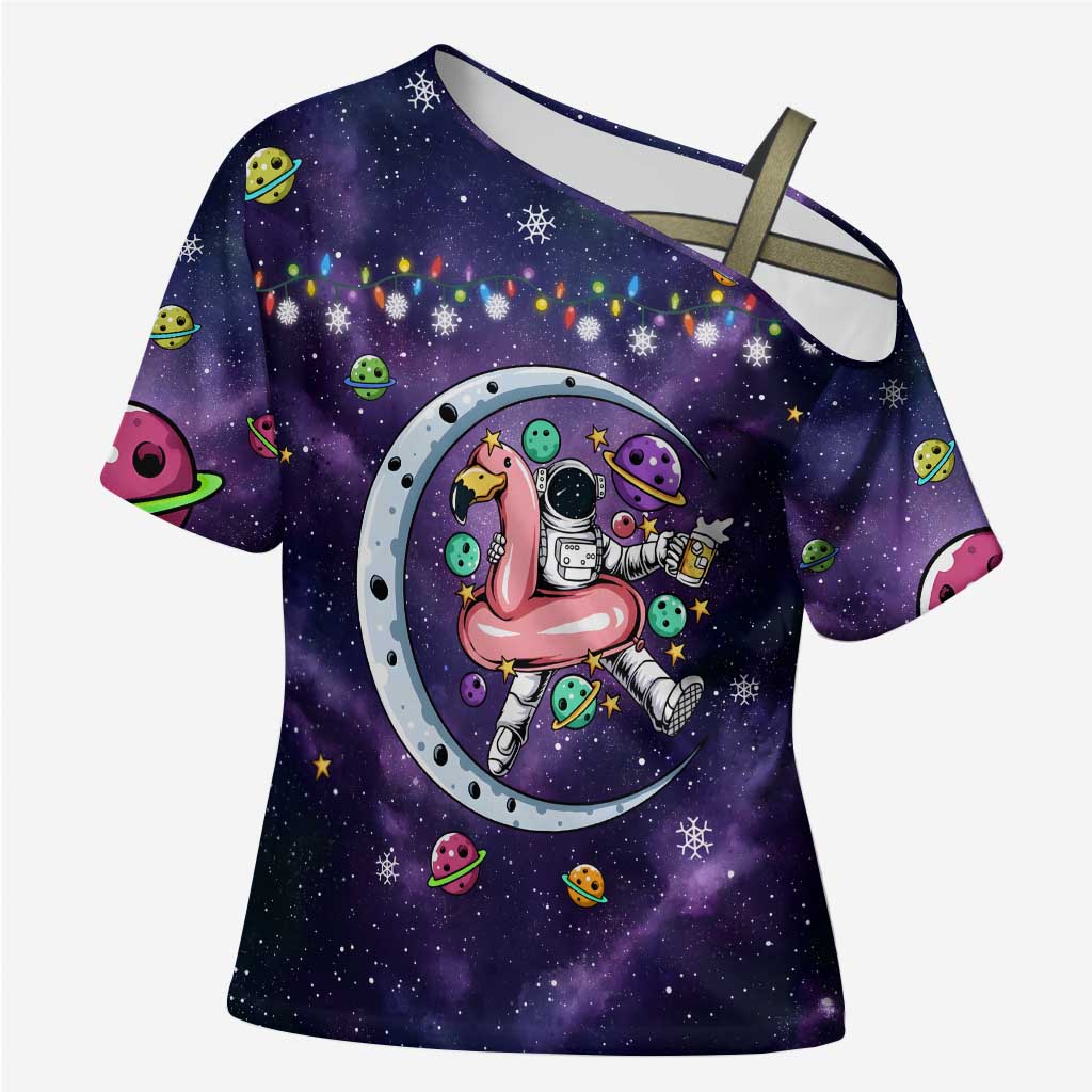 Funny Astronauts Sit On Flamingo Christmas Cross Shoulder Shirt Xmas Holiday Patterns - Wonder Print Shop