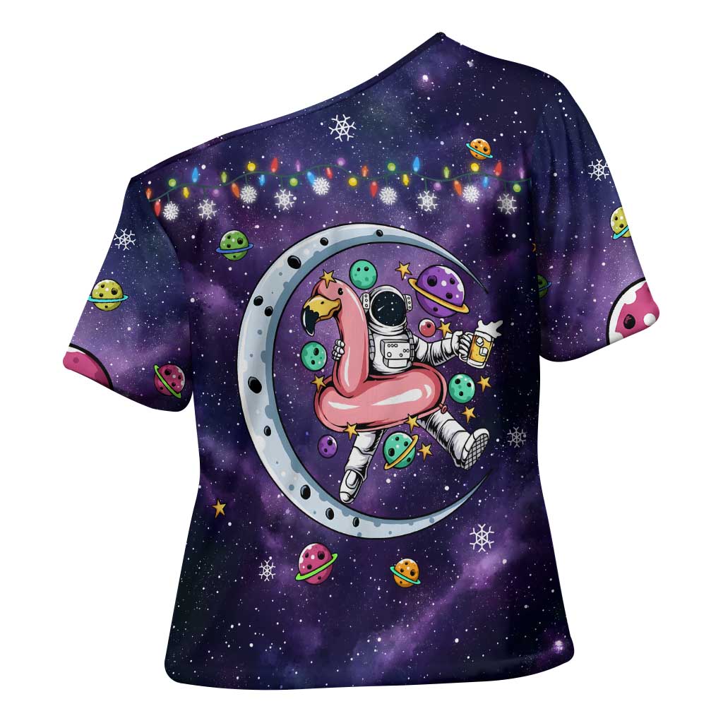 Funny Astronauts Sit On Flamingo Christmas Cross Shoulder Shirt Xmas Holiday Patterns - Wonder Print Shop