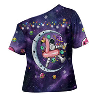 Funny Astronauts Sit On Flamingo Christmas Cross Shoulder Shirt Xmas Holiday Patterns - Wonder Print Shop