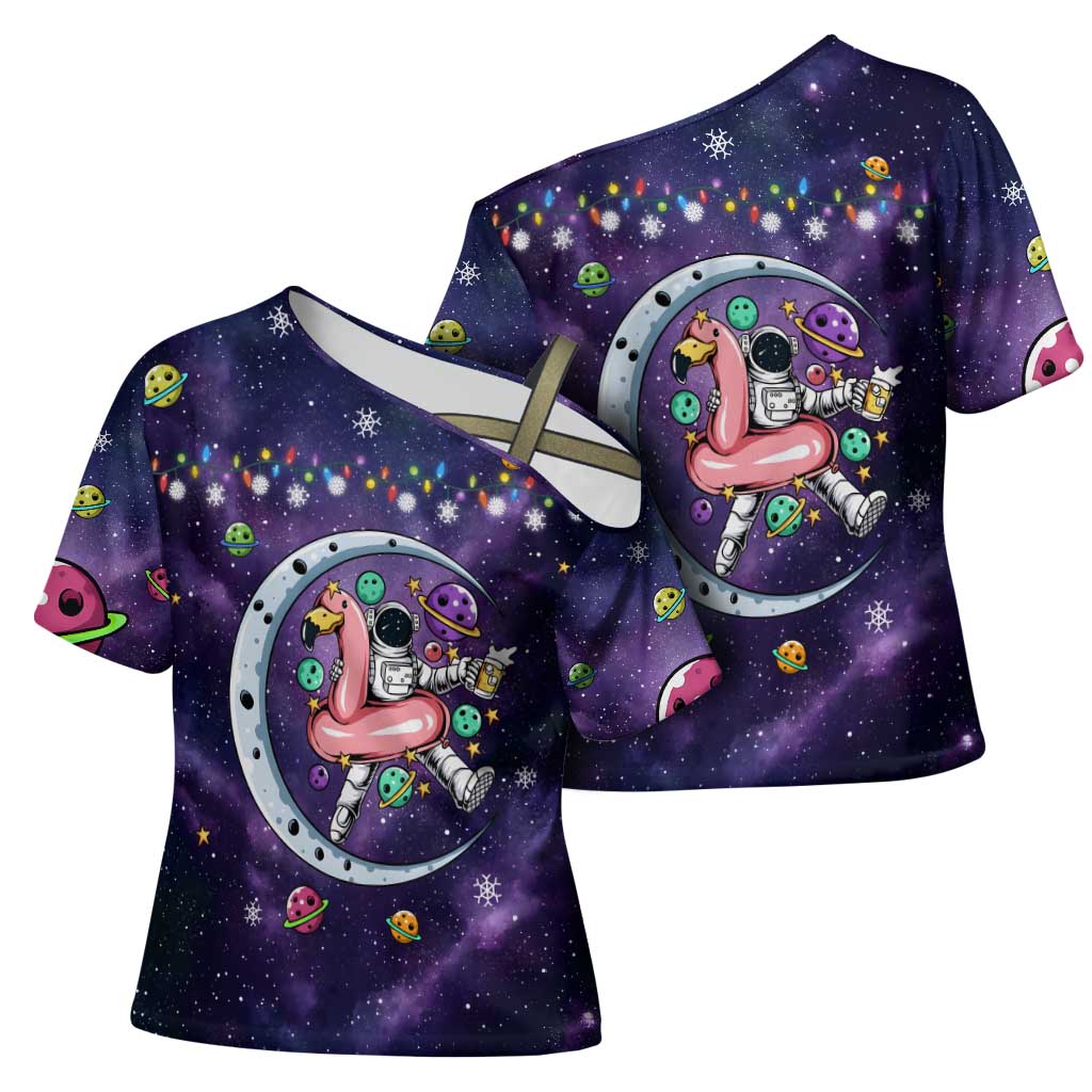 Funny Astronauts Sit On Flamingo Christmas Cross Shoulder Shirt Xmas Holiday Patterns - Wonder Print Shop