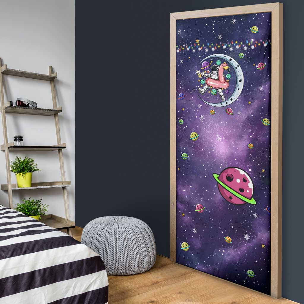 Funny Astronauts Sit On Flamingo Christmas Door Cover Xmas Holiday Patterns - Wonder Print Shop