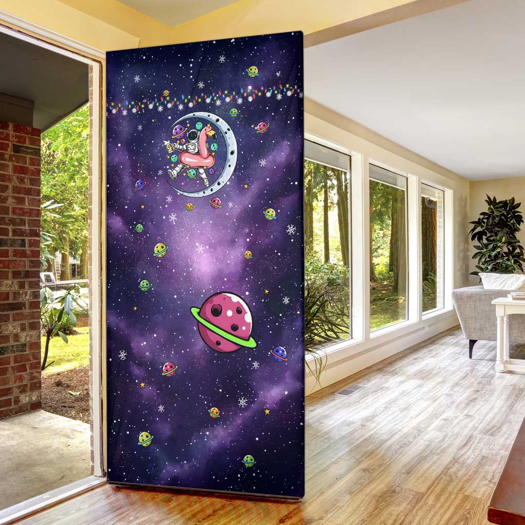 Funny Astronauts Sit On Flamingo Christmas Door Cover Xmas Holiday Patterns - Wonder Print Shop