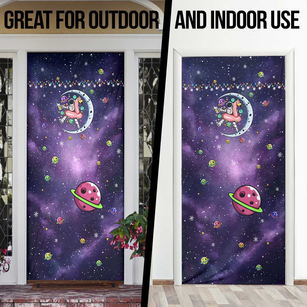 Funny Astronauts Sit On Flamingo Christmas Door Cover Xmas Holiday Patterns - Wonder Print Shop