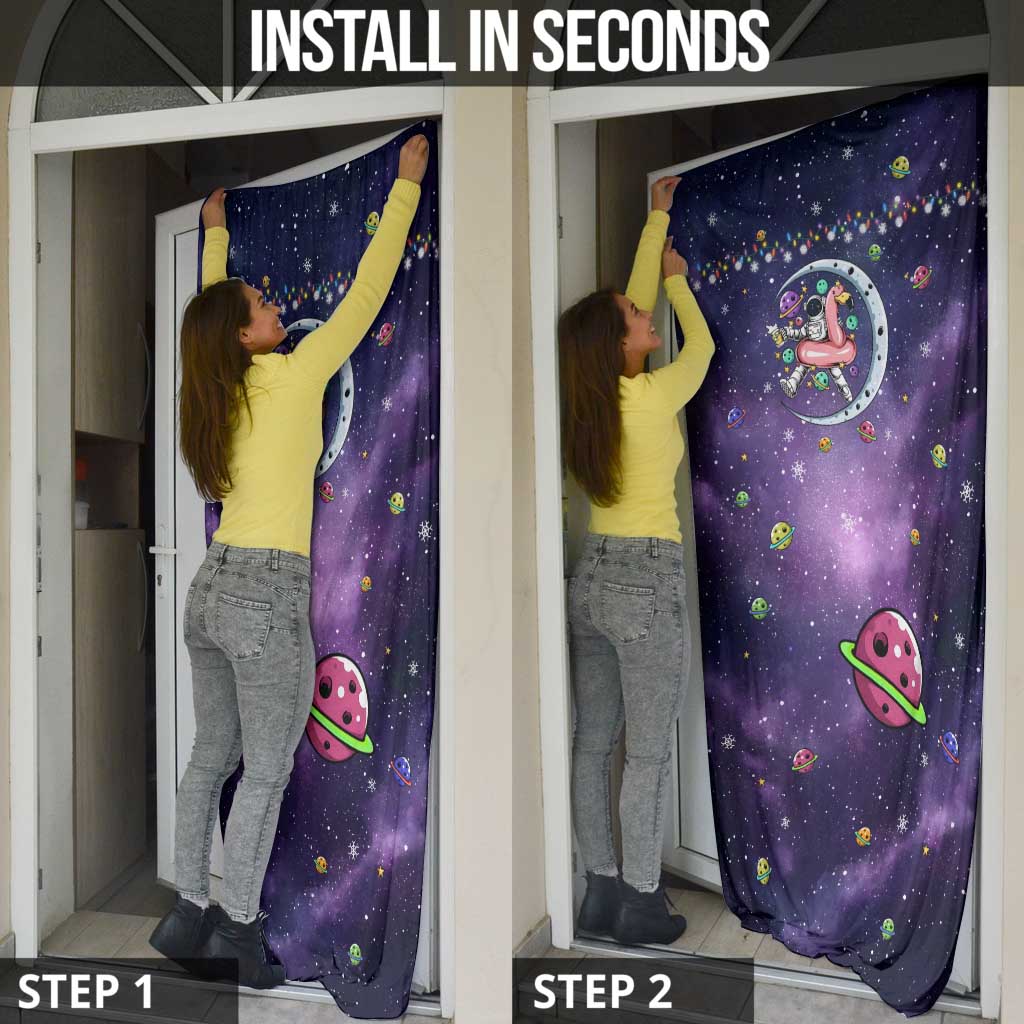 Funny Astronauts Sit On Flamingo Christmas Door Cover Xmas Holiday Patterns - Wonder Print Shop