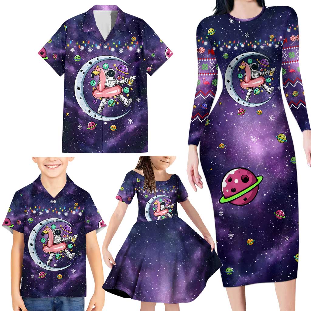 Funny Astronauts Sit On Flamingo Christmas Family Matching Long Sleeve Bodycon Dress and Hawaiian Shirt Xmas Holiday Patterns - Wonder Print Shop