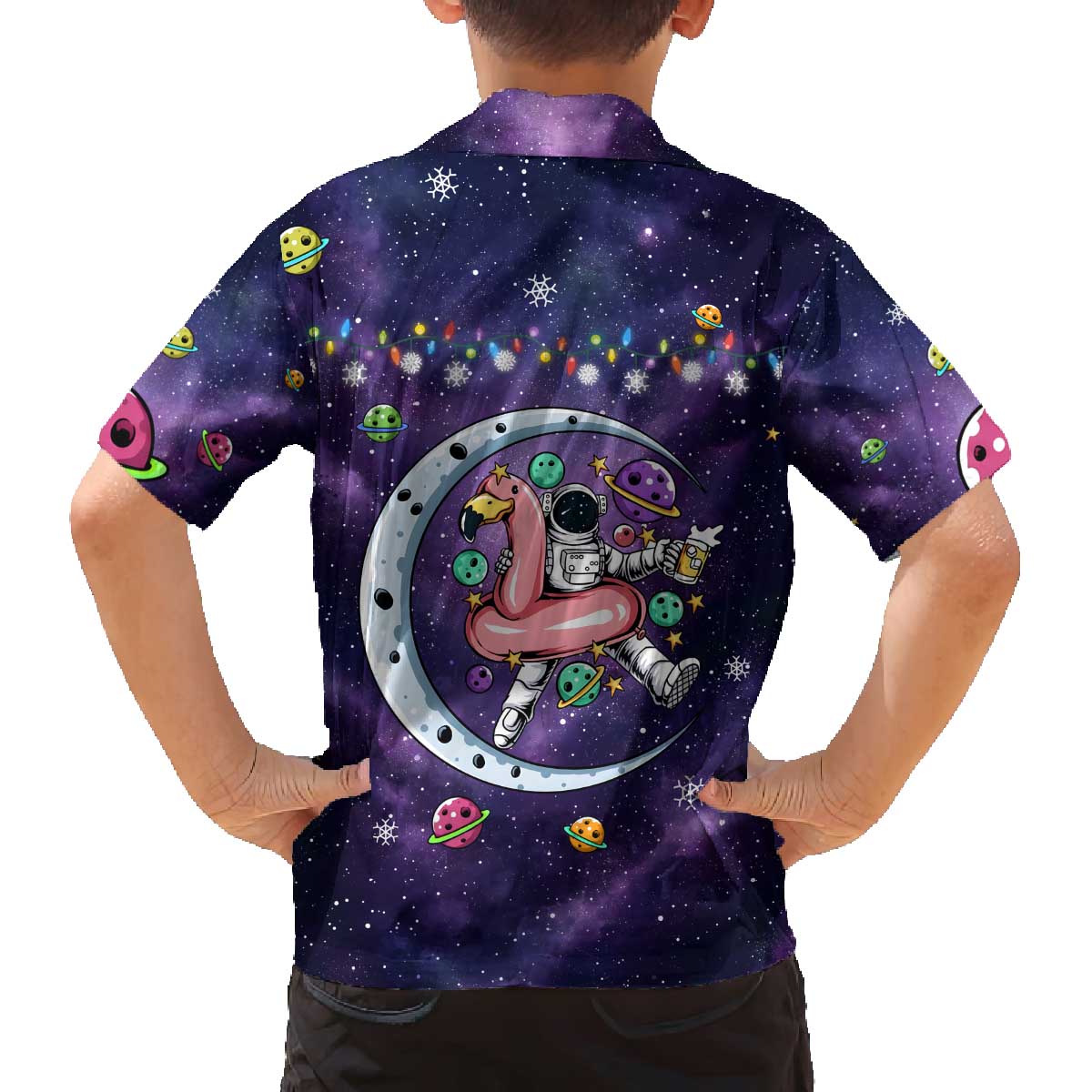 Funny Astronauts Sit On Flamingo Christmas Family Matching Off The Shoulder Long Sleeve Dress and Hawaiian Shirt Xmas Holiday Patterns - Wonder Print Shop