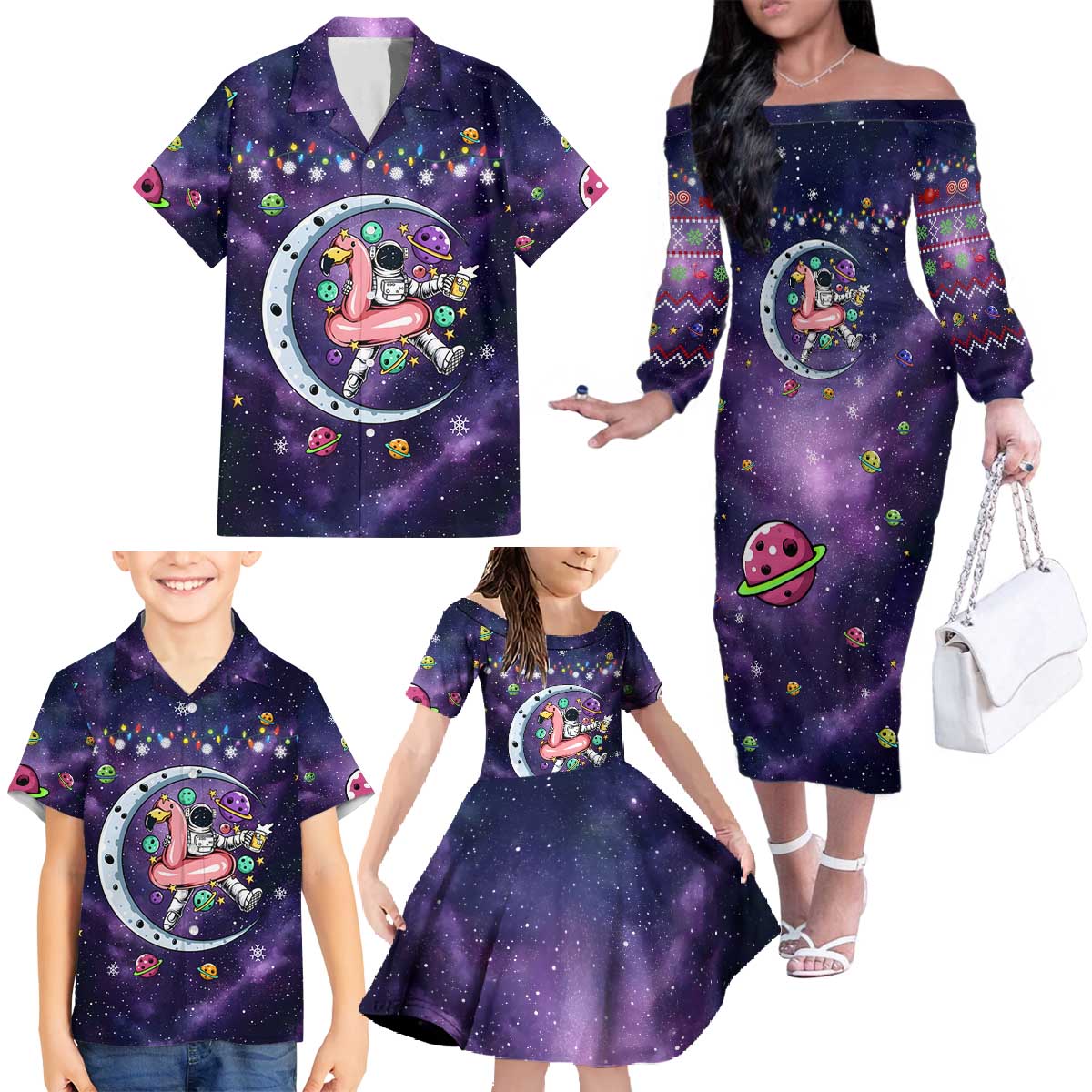 Funny Astronauts Sit On Flamingo Christmas Family Matching Off The Shoulder Long Sleeve Dress and Hawaiian Shirt Xmas Holiday Patterns - Wonder Print Shop