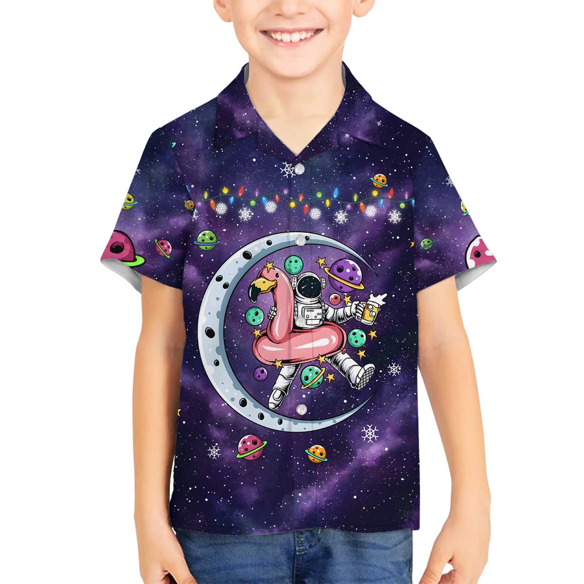 Funny Astronauts Sit On Flamingo Christmas Family Matching Off The Shoulder Long Sleeve Dress and Hawaiian Shirt Xmas Holiday Patterns - Wonder Print Shop