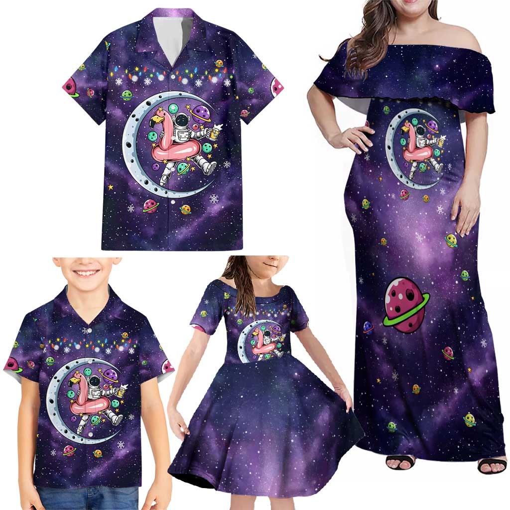 Funny Astronauts Sit On Flamingo Christmas Family Matching Off Shoulder Maxi Dress and Hawaiian Shirt Xmas Holiday Patterns - Wonder Print Shop